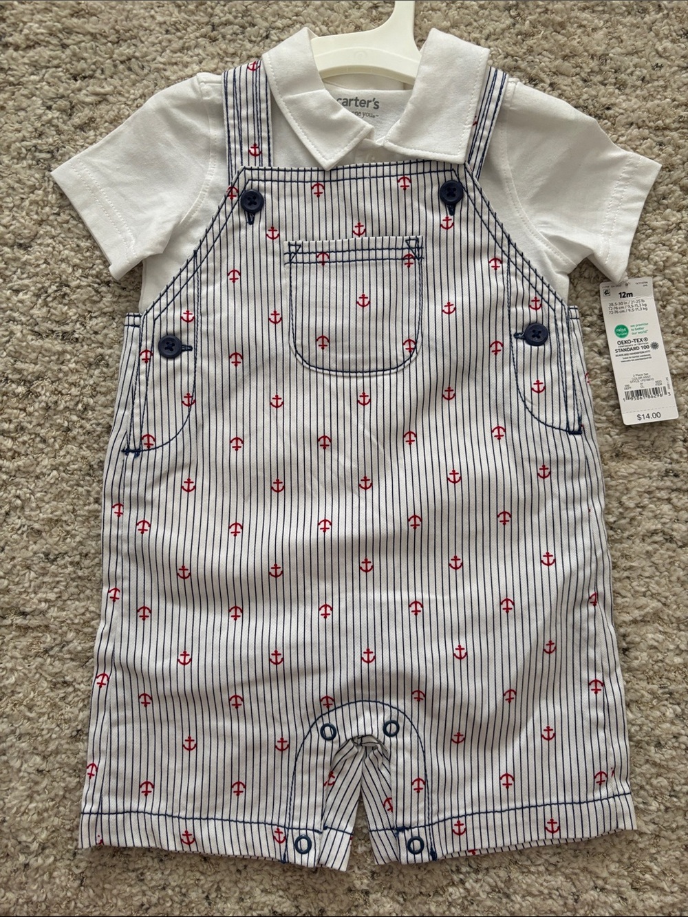 Carter's 12M White Polo Shortall with Navy Pinstripes and Red Anchors